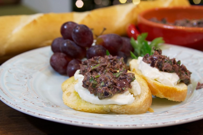Crostinis with Burrata Cheese and Kalamata Olive Tapenade