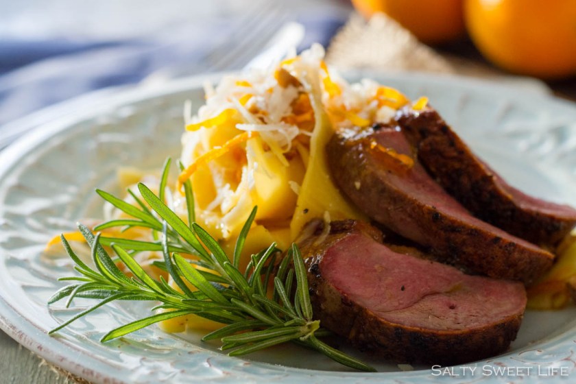 Tagliatelle with Caramelized Orange and Almonds, plus Seared Duck Breast - Salty Sweet Life