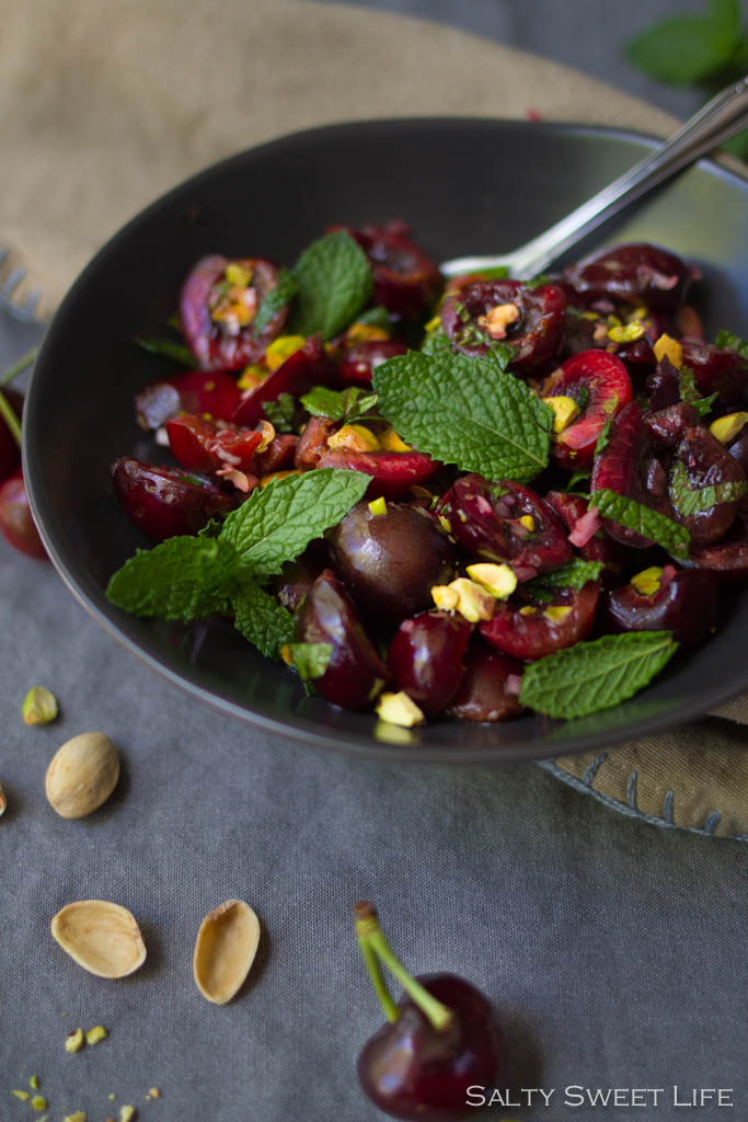 Sweet and Savory Cherry, Mint and Pistachio Salad - Salty Sweet Life